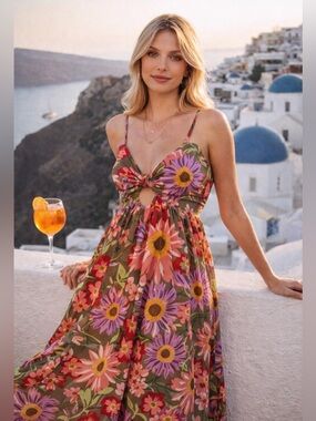 Aakaa Floral Cutout Maxi Dress Open Back Tie Front Euro Summer Vacation Small
